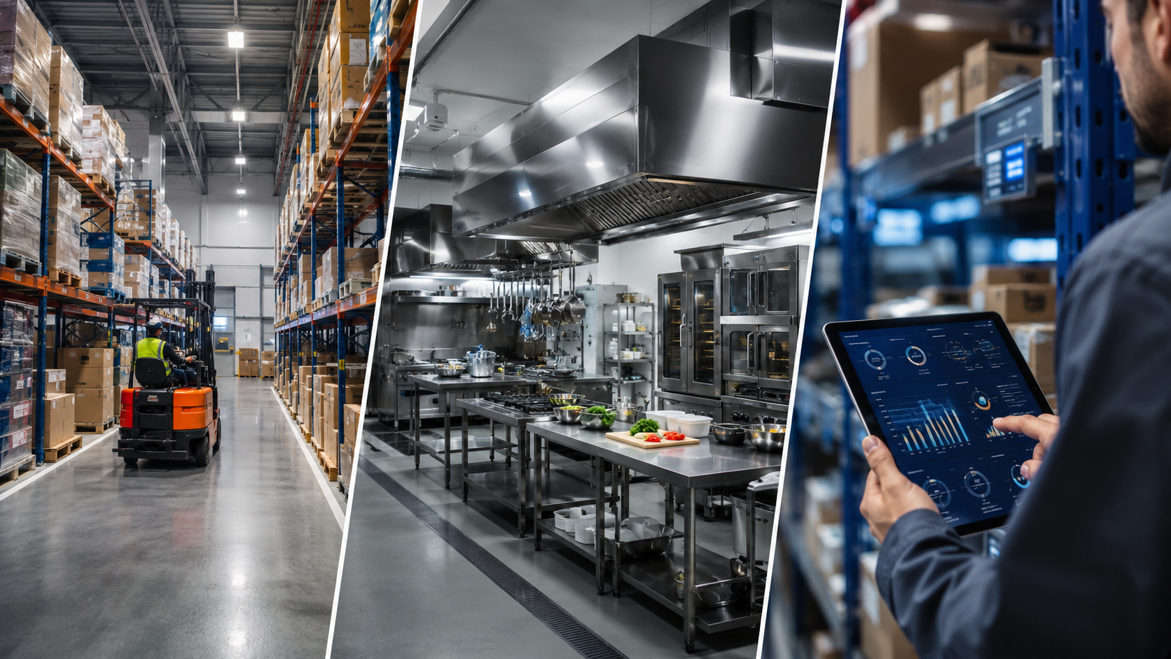 Collage industrial con almacenaje logístico, cocina en acero inoxidable y tecnología aplicada a operación